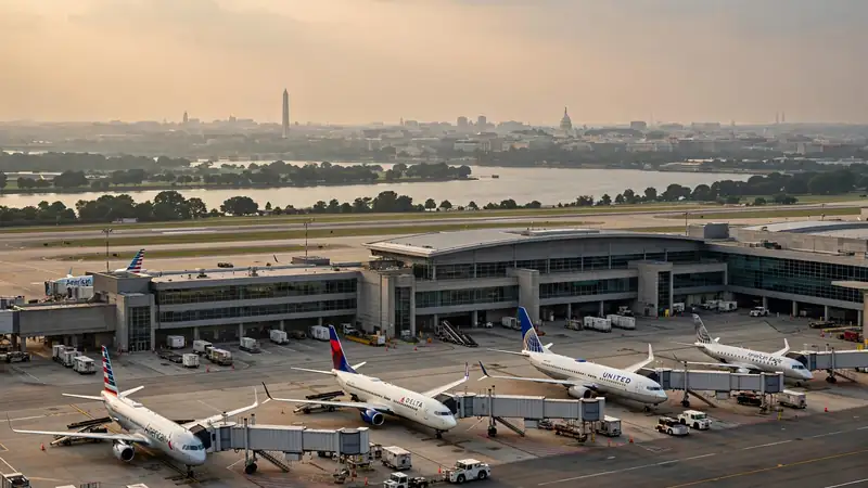 Airplanes at Reagan National Airport with DC skyline