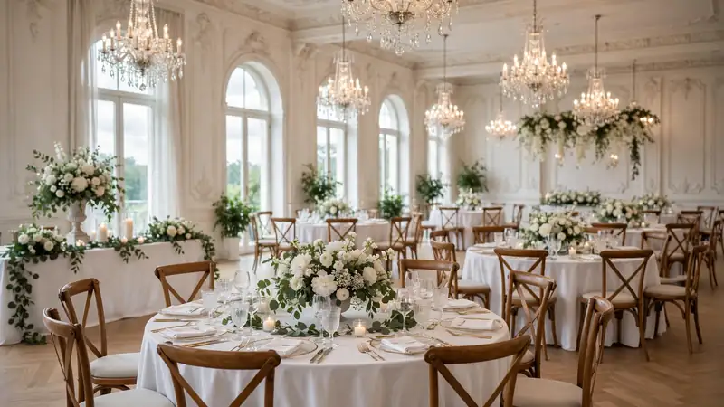 Wedding reception venue illustration with flowers and tables